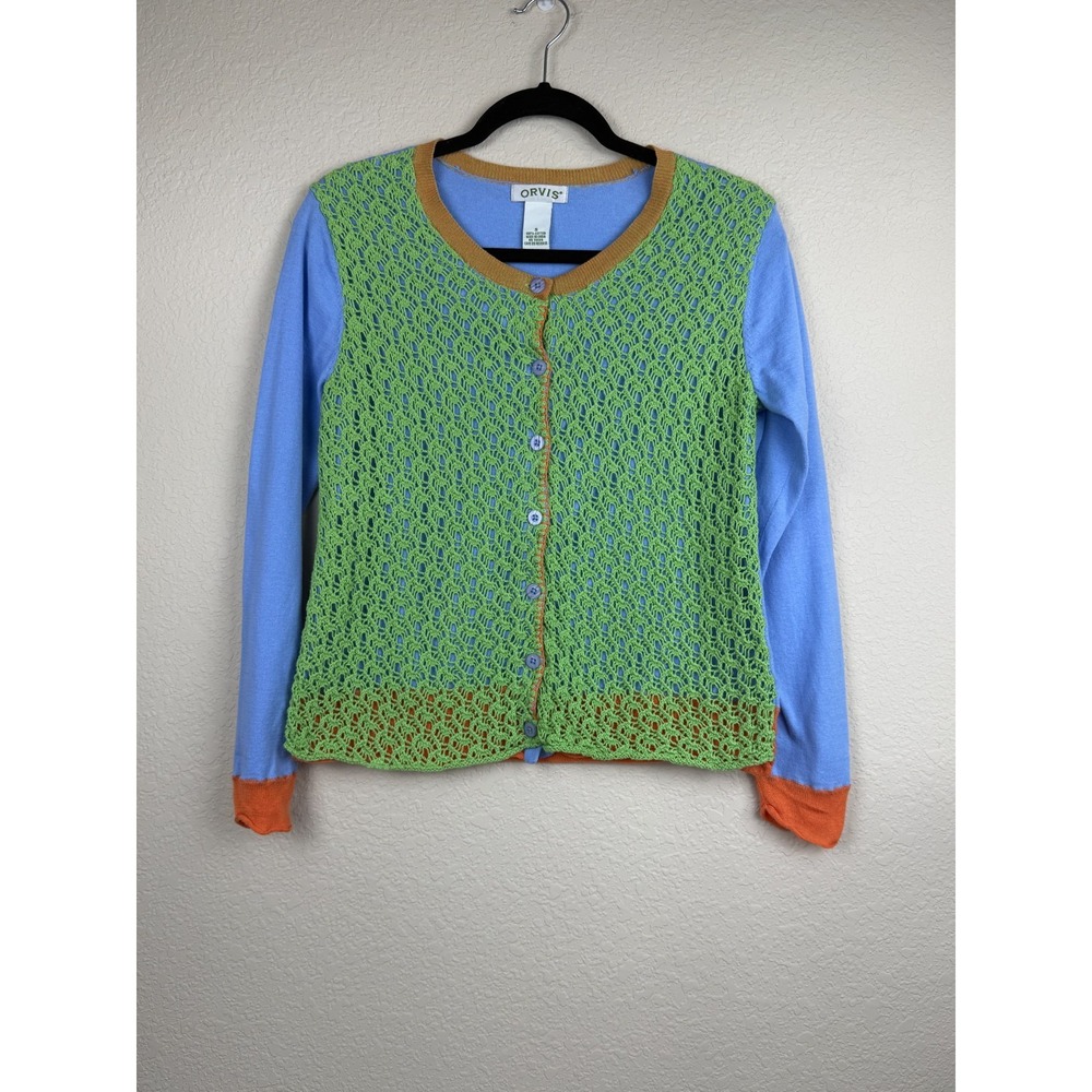 Orvis Cotton Cardigan Sweater Blue Green Crochet Open Knit Colorblock Dopamine S